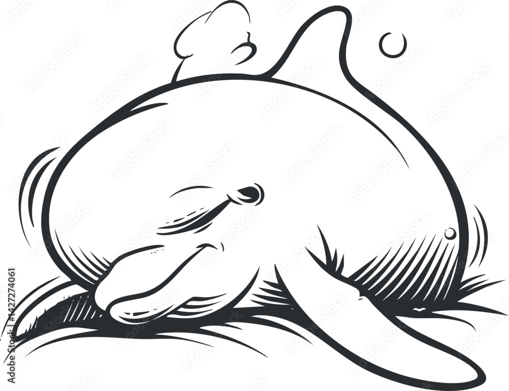 Poster a cartoon dolphin relaxing on the ocean surface with a playful expression and bubbles.