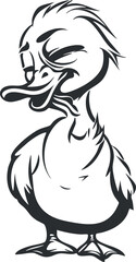 A whimsical cartoon duck character with a playful expression and stylized features.