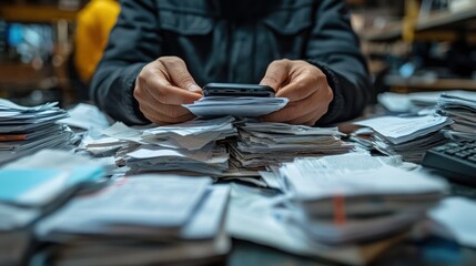 Overwhelmed by Paperwork: A Person Drowning in Bills and Receipts