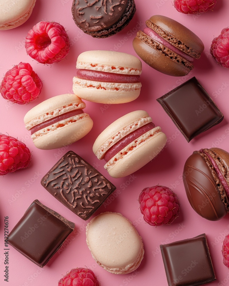 Poster an array of colorful macarons and chocolates sprinkled with fresh raspberries on a pink background.