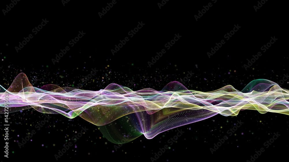 Poster fantastic video animation with particle wave object in slow motion and space for text, 4096x2304 loo