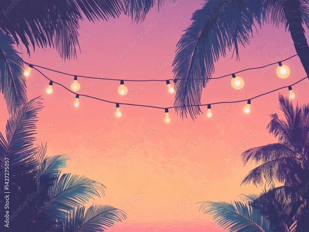 Aufkleber tropical summer party background with hanging string lights and palm trees summer beach sunset sky w