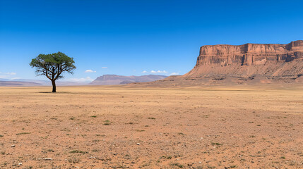 Arid Desert Landscape With Isolated Tree And Red Rock Formation