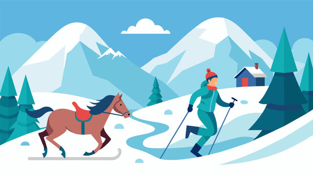 As the snow falls gently around them a skier and their loyal horse take off on a magical skijoring adventure through a winter wonderland.. Vector illustration