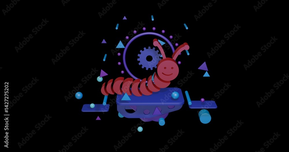 Poster red caterpillar symbol on a pedestal of abstract geometric shapes floating in the air. abstract conc