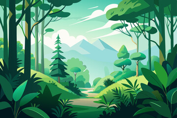 Obraz premium watercolor forest landscape with green leaves isolated on white background. tropical forest in the jungle