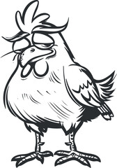 A whimsical cartoon chicken with a comical expression and playful pose in black and white.