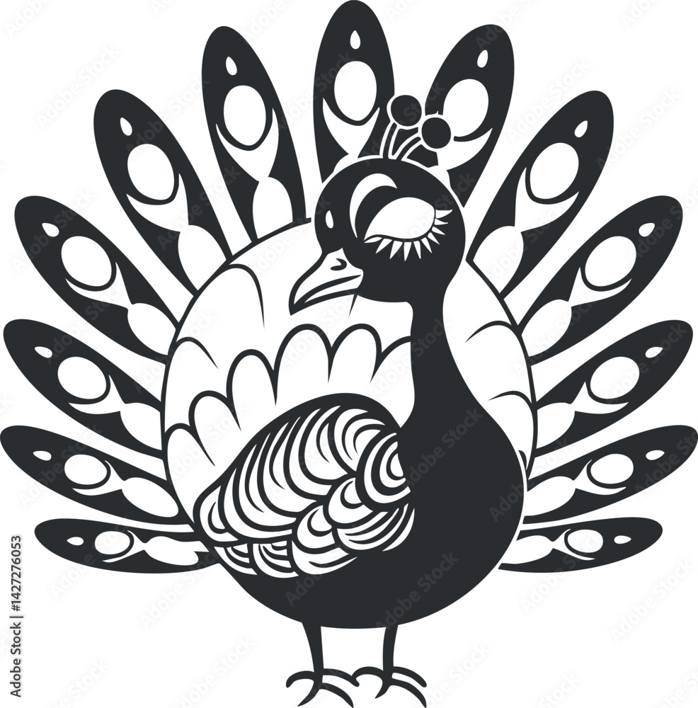 Poster stylized peacock illustration featuring intricate feather patterns and elegant design elements.