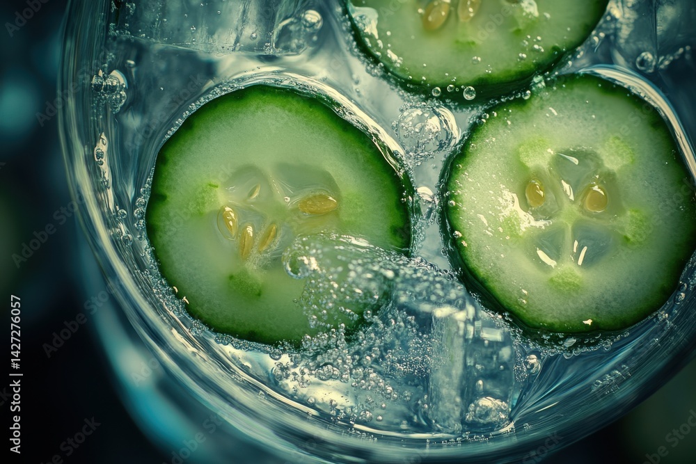 Poster refreshing cucumber slices float in sparkling water, creating a vibrant and inviting drink.