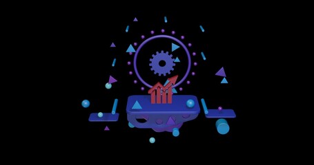 Red chart up symbol on a pedestal of abstract geometric shapes floating in the air. Abstract concept art with flying shapes in the center. 3d illustration on black background