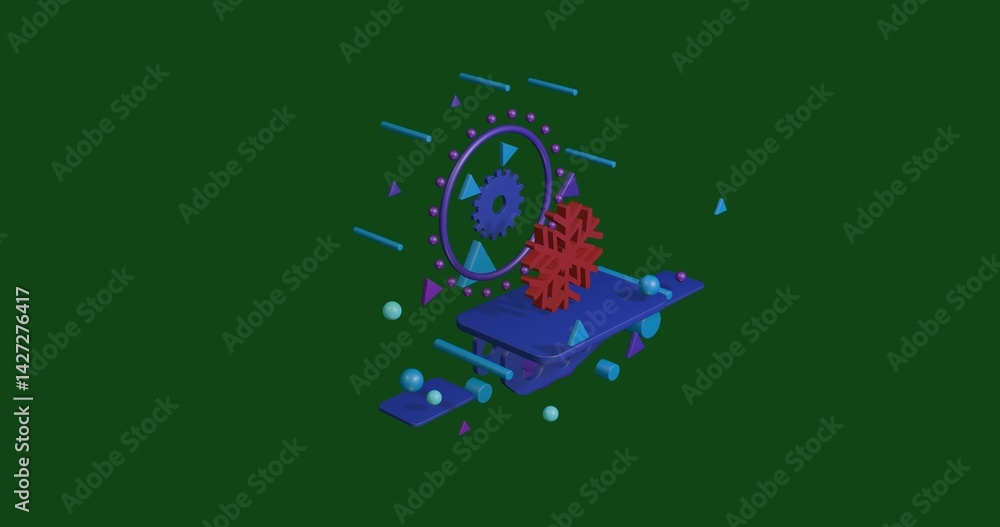 Poster red snowflake symbol on a pedestal of abstract geometric shapes floating in the air. abstract concep