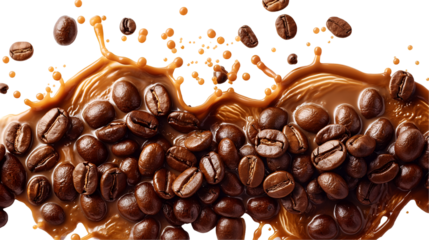 Coffee Beans Splashing Brown Liquid Aromatic Caffeine Drink, Roasted Beans Energy Boost.