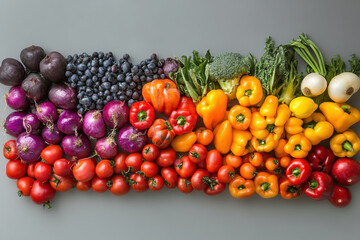 Rainbow of fresh vegetables, arrayed on a wooden table: vibrant red tomatoes, bright orange carrots, lush green lettuce, vivid yellow bell peppers, and deep purple eggplants.