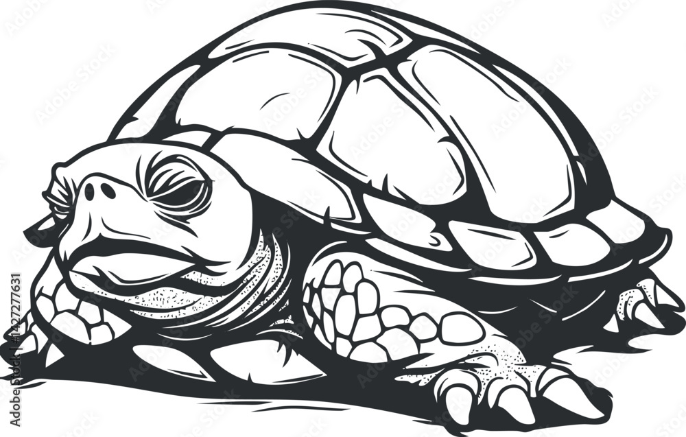 Poster a detailed illustration of a turtle resting on the ground showcasing its unique shell and features.