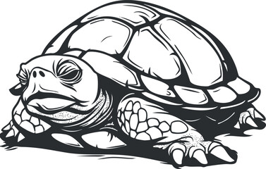 A detailed illustration of a turtle resting on the ground showcasing its unique shell and features.