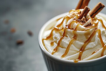 Fototapeta premium A decadent dessert featuring whipped cream, caramel drizzle, and cinnamon sticks on top.