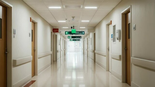 Empty hospital corridor with fluorescent lighting and signs pointing to emergency exits