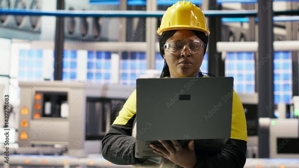 Aufkleber solar panels factory engineer analyzing data from iot sensors to refine equipment operational effici