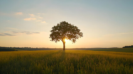 Obraz premium Solitary Tree Silhouetted Against Golden Sunset Over Wheat Field