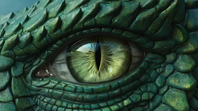 Close-up view of a dragon's green reptilian eye and scaly skin texture revealing unique details of a mythical creature.