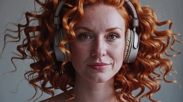  illustration portrait of beautiful ginger curly haired woman in headphones looking at camera

