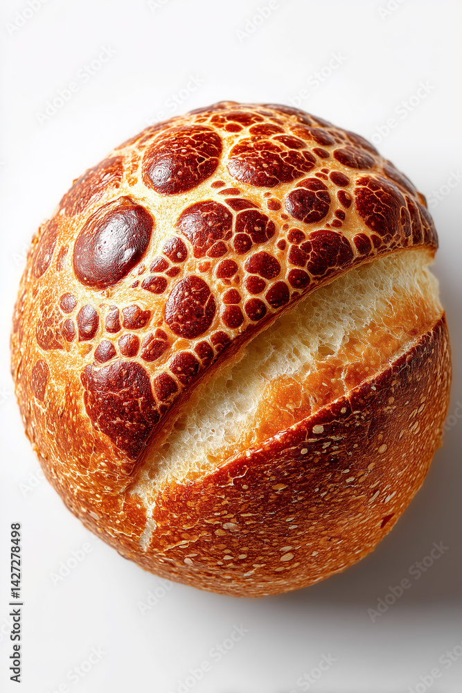 Poster a minimalist depiction of rustic bread roll with intricate crust bubbles showcasing craftsmanship in