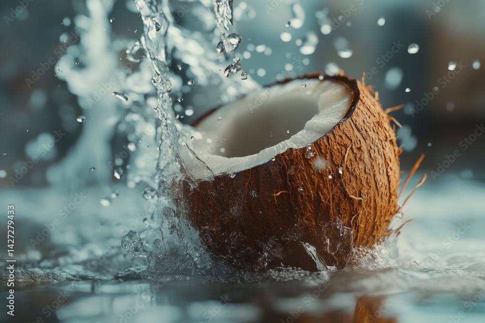 Poster a coconut shell splashing in water, creating a refreshing and vibrant image full of energy.