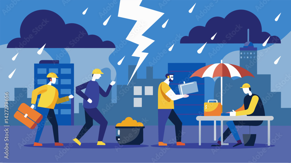 Poster thunder and lightning storm interrupts work progress forcing workers to take shelter and cease outdo