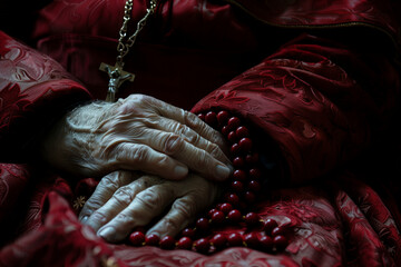 Pope's Hands holding rosary in Vatican coffin showing Christian death, mourning, and sacred transition of papacy