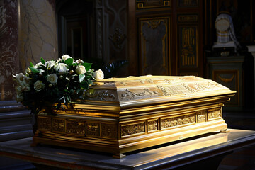 Pope's Tomb adorned with gold and flowers representing holiness and Christian mourning during papal funeral ceremony