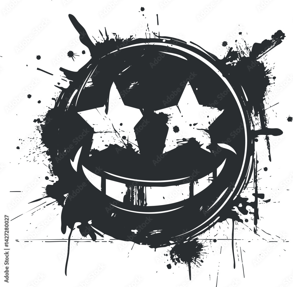 Poster a playful and abstract graphic design featuring a stylized smiling face with stars.