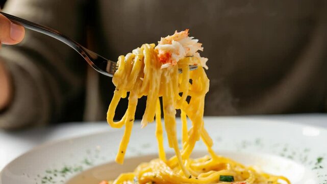 Close-up of fork twirling creamy pasta with crab meat on white plate