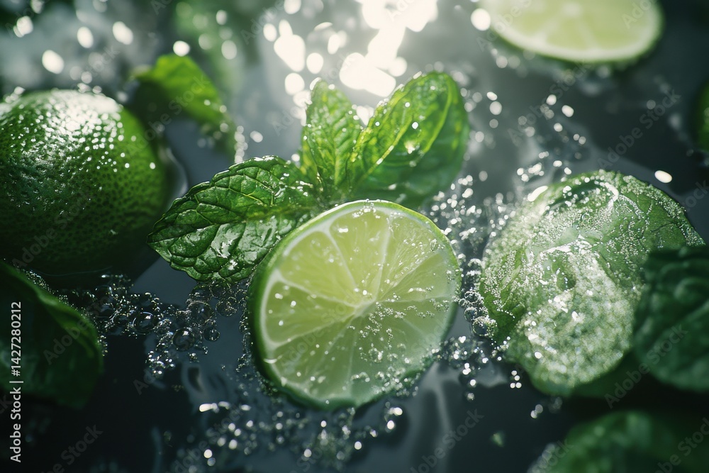 Poster lime slices and fresh mint leaves submerged in sparkling water, creating a refreshing and vibrant co