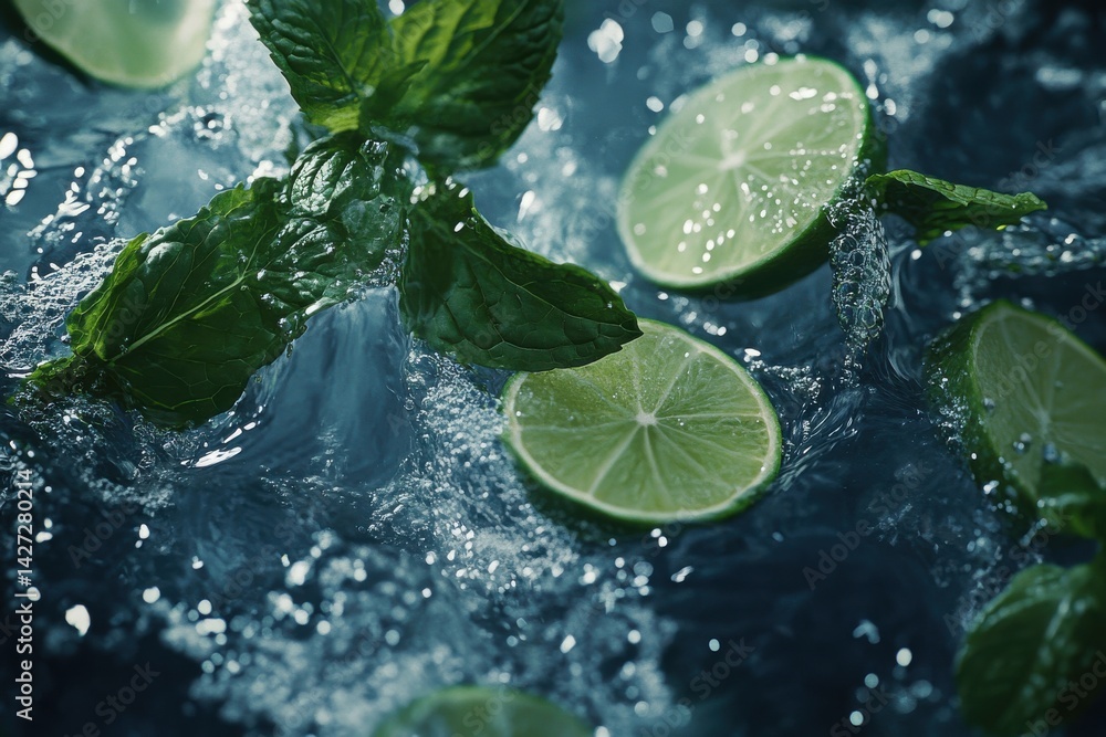 Poster fresh mint and lime slices swirl in clear water, creating a refreshing and vibrant image.