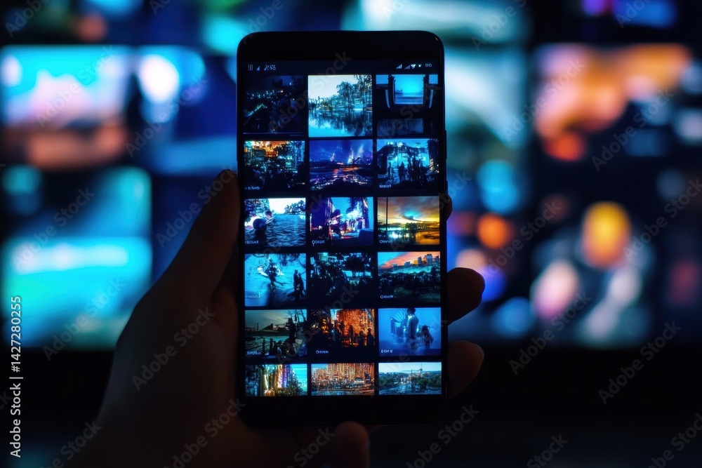 Poster a smartphone shows diverse multimedia content, while various colorful displays illuminate the surrou