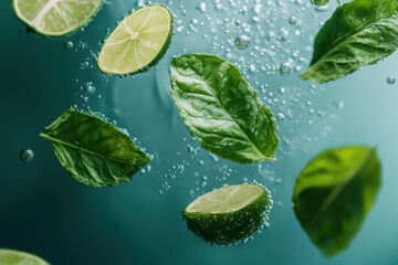 Fresh green basil leaves and lime slices rise in bubbles against a teal background, evoking freshness.