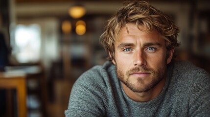 Obraz premium Portrait of a Handsome Man with Blonde Hair and Blue Eyes