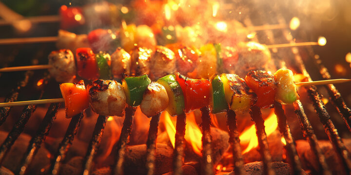 Sizzling BBQ skewers grilling with vibrant vegetables during summer cookout
