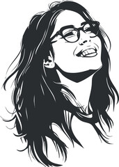 Stylish illustration of a smiling woman with glasses and flowing hair in a carefree moment.