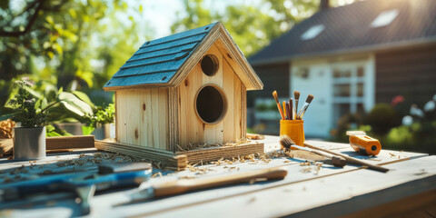 DIY birdhouse project in progress during a sunny summer afternoon in a vibrant backyard setting