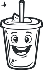 A cheerful cartoon beverage cup with a smile and straw perfect for food and drink illustrations.