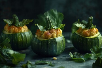 Three green zucchini stuffed with savory filling, garnished with lettuce leaves, creating a vibrant and appetizing display.