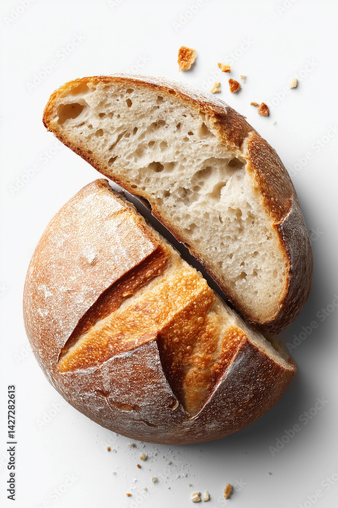 Poster sourdough round cut in half showcasing soft crumb texture. simple minimalist setting on white surfac