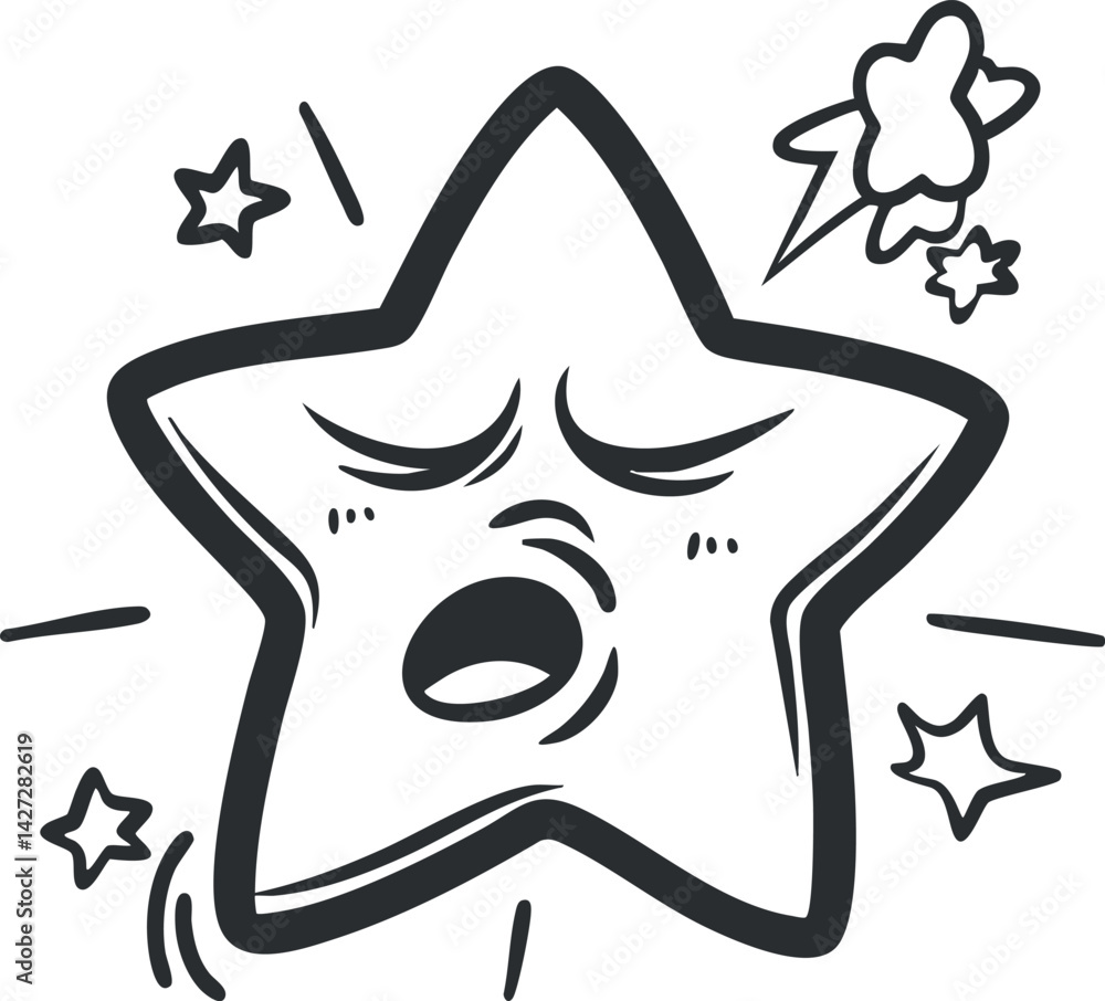 Poster a playful cartoon star with a surprised expression and dynamic elements surrounding it.