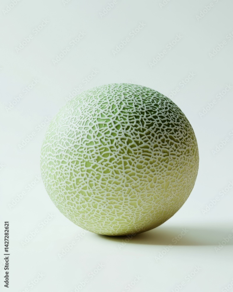 Poster a textured green melon with intricate patterns, set against a soft, neutral background.