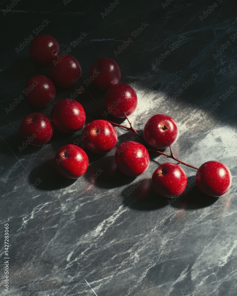 Poster a cluster of vibrant red apples resting on a textured dark marble surface, illuminated by soft sunli