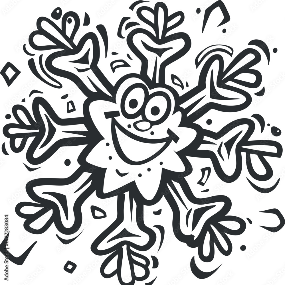 Poster a cheerful cartoon snowflake character with a smiling face and playful arms.