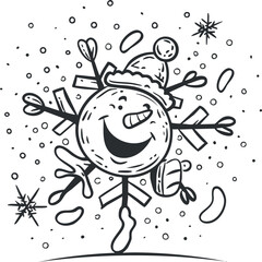 A cheerful cartoon snowman with a hat, smiling in a snowy winter landscape with snowflakes.