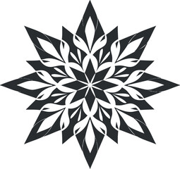 A symmetrical black and white star pattern with floral elements and geometric design.