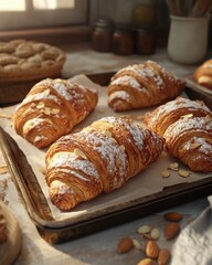 Fototapeta premium Freshly baked golden croissants garnished with powdered sugar and almonds, perfect for breakfast.